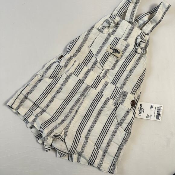 NWT OshKosh B'gosh White & Navy Striped Fabric Overalls Sz 12 Mo - Picture 2 of 7